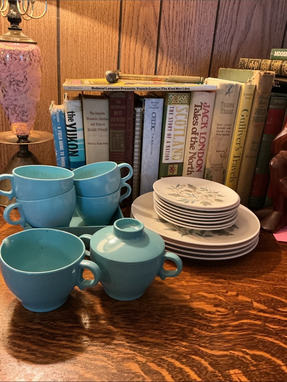 Vintage Turquoise Blue Melmac Melamine Cups Cream and Lidded Sugar Bowl set 4